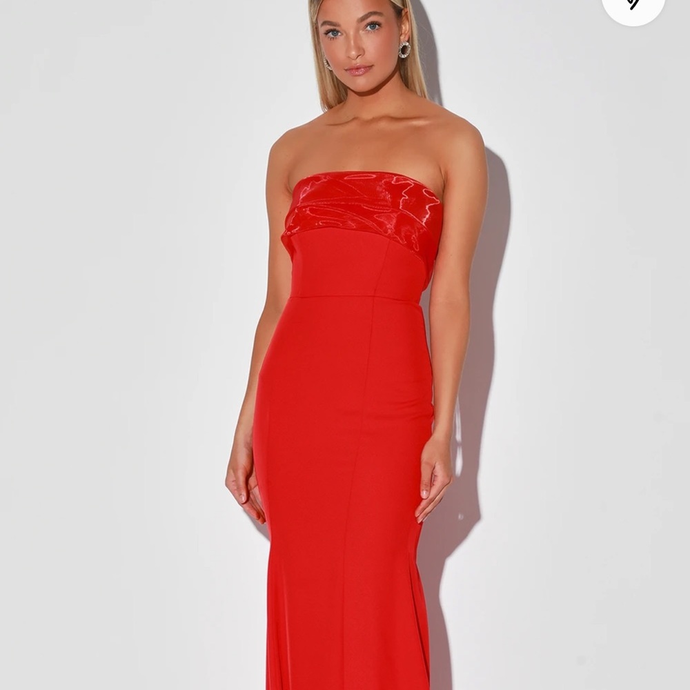 NWT Lulus Brilliantly Bold Red Strapless Mermaid Maxi Dress